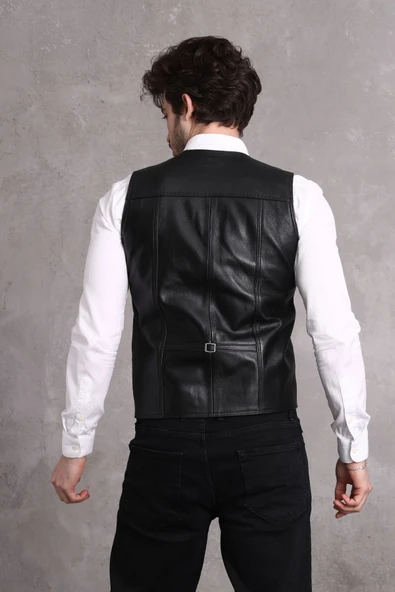 Büyük beden Hakiki Deri Yelek siyah - 4