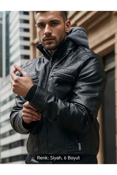 Kapüşonlu hakiki deri dikiş ve ribana detaylı mont - 6