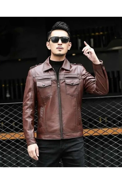 Hakiki deri ceket tarzı mont apoletli - Resim 3