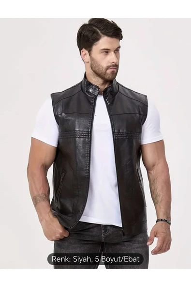 Uzun Hakim Yaka Regular Fit Hakiki Deri Yelek ürün görseli