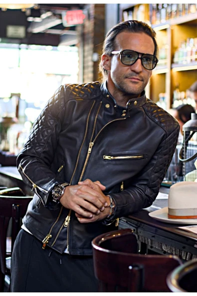 Golden fermuarlı kapitone dikiş detaylı biker mont