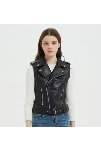 Hakiki kuzu derisi Kadın Motorcu Tarzı Biker Yelek - Resim 4