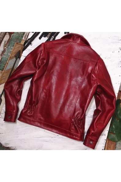 Vintage ceket tarzı şarap kırmızı renk hakiki deri mont - Resim 2