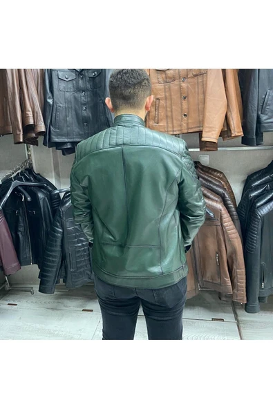 Yeşil Karartmalı Hakiki Deri Spor Mont Ceket Slim Fit - 3