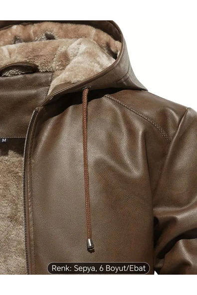 İç Kısmı Tüylü Hakiki Deri Kapüşonlu Mont - 4