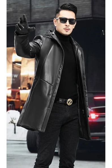 Hakiki Deri Orta Uzunlukta Kapüşonlu Mont Kaban ürün görseli