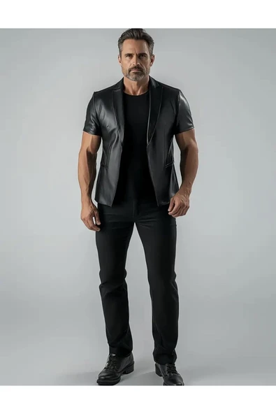 Kısa Kollu Hakiki Deri Blazer Ceket Erkek SlimFit - 2