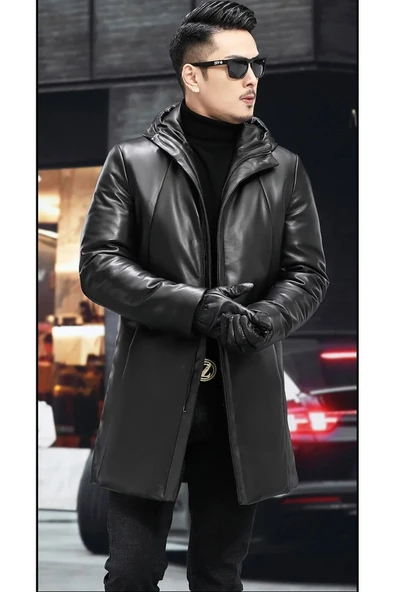 Hakiki Deri Orta Uzunlukta Kapüşonlu Mont Kaban - Resim 3