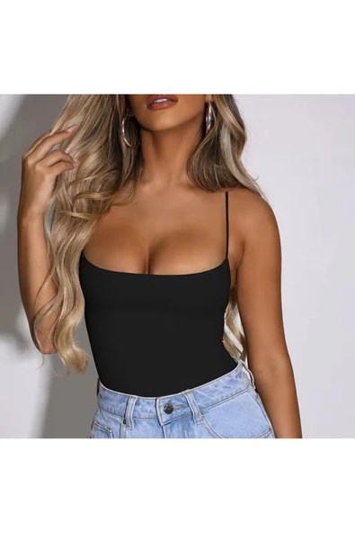 Siyah Kare Yaka Sırt Dekolteli Arkadan Bağlamalı Mayo - 2