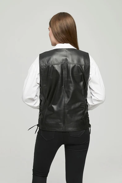 Hakiki Deri Yandan Ayarlanabilir Bağcıklı Yelek Siyah Renk Kadın - 7