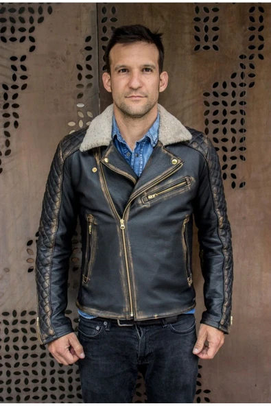 Yakası Kürk Entegreli Hakiki Deri Eskitmeli Kapitone Dikiş Detaylı Mont - 5