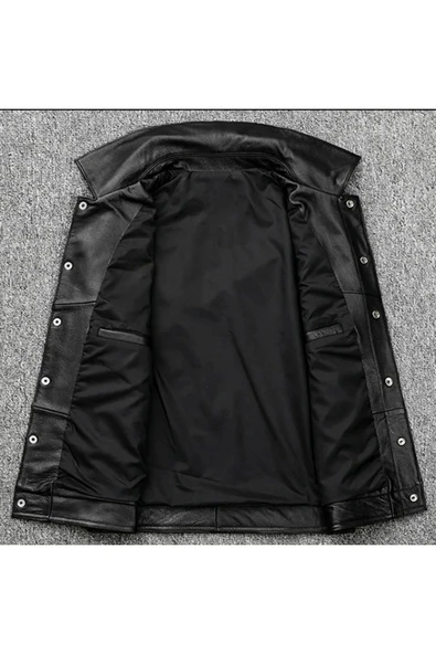 Motorcu tarzı Hakiki kuzu derisi yelek - Resim 4