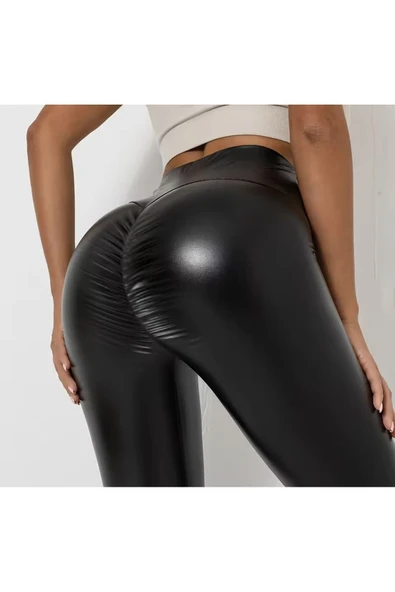 Yüksek Bel Deri Görünümlü Büzgülü Spor Tayt, Siyah, Popo Kaldırıcı, Fitness ve Yoga için