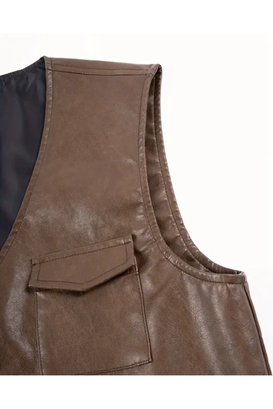 Zik Çıt Çıt Kapamalı Hakiki Deri Yelek - Resim 4