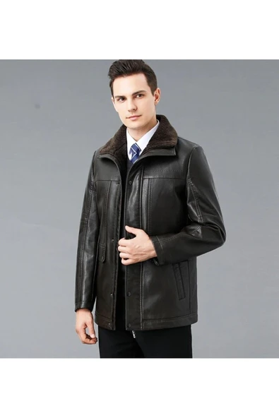 Hakiki deri İçi kürk yakası entegreli kürk mont kaban - Resim 2