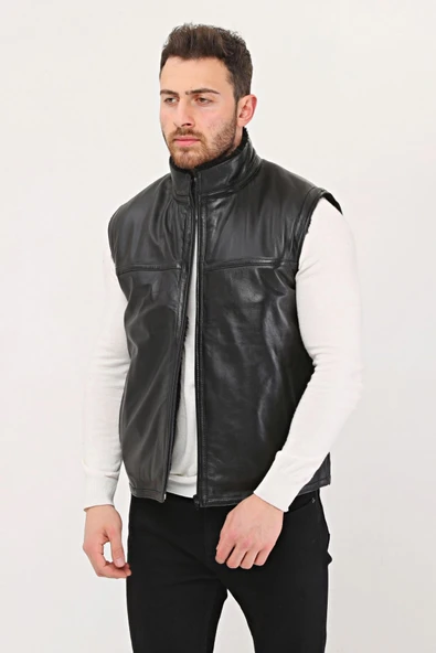 Hakiki deri kürklü hakim yaka ve içi kürk yelek - 3