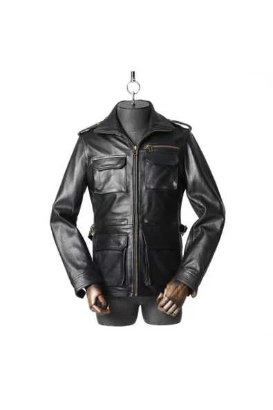 Yakası fermuarlı dik hakim yaka hakiki deri mont - 3