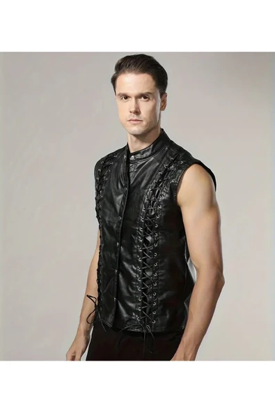 Punk Tarzı Hakiki Deri Yelek ,Deri İp Bağlamalı Silüet ,Dış Kısmı Cepsiz ,İç Kısmı Cepli - 4