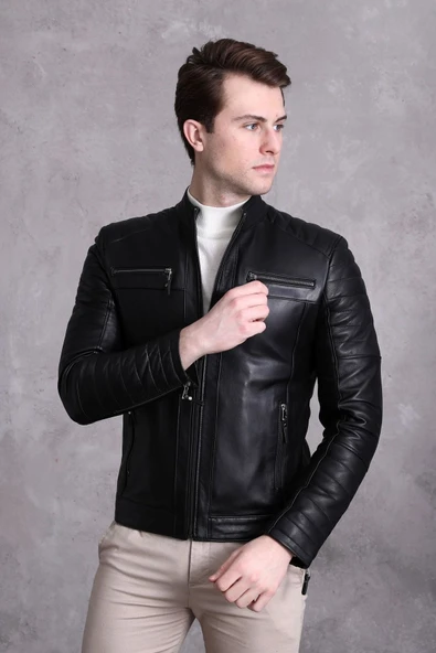 Motorcu Tarzı Mont Spor Kesim Siyah Renk - Resim 3