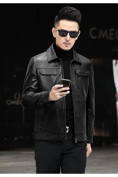 Hakiki deri ceket tarzı mont gömlek yaka - Resim 3