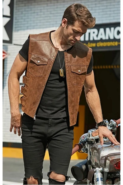 Hakiki Zik Deri Motorcu Yelek - 4