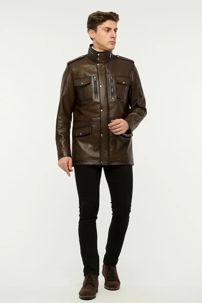 Hakiki deri uzun mont hakim dik yaka kahve renk - Resim 3