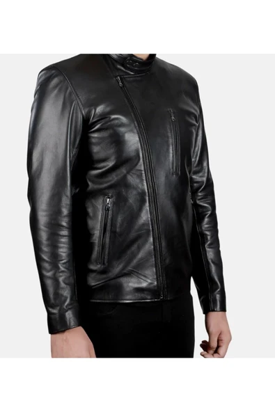 Prof Model Hakiki Kuzu Derisi Zik Çapraz Kapama Fermuarlı Spor Mont - 3