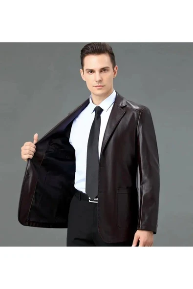 Hakiki deri ince kesit blazer klasik ceket - 4