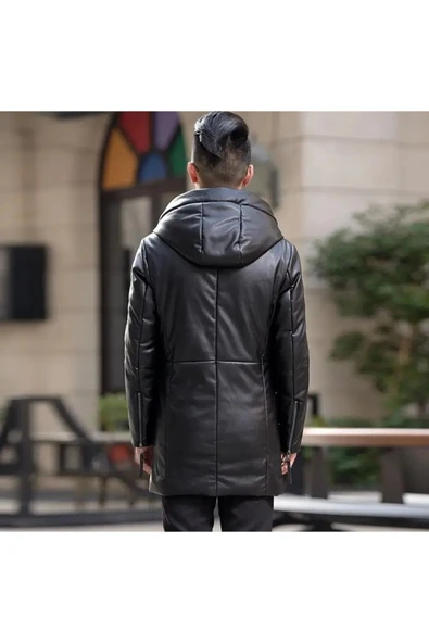 Hakiki deri Uzun mont Kapüşonlu Hakim yaka - Resim 3