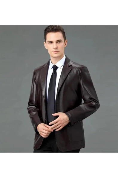 Hakiki deri ince kesit blazer klasik ceket - 3