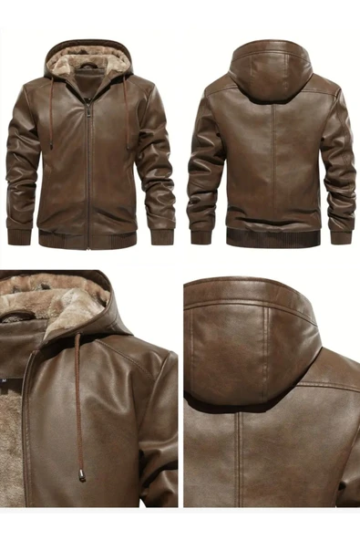 İç Kısmı Tüylü Hakiki Deri Kapüşonlu Mont - 6