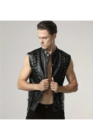 Punk Tarzı Hakiki Deri Yelek ,Deri İp Bağlamalı Silüet ,Dış Kısmı Cepsiz ,İç Kısmı Cepli - 2