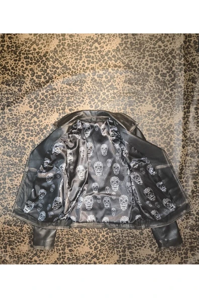 Hakiki deri Kadın ceket slim-fit biker şeytan figürlü mont - 4