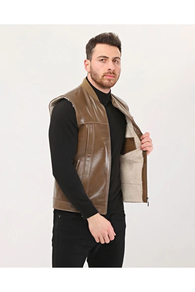 Hakiki Deri Bisiklet Yaka Içi Kürklü Yelek Kahve Renk ürün görseli