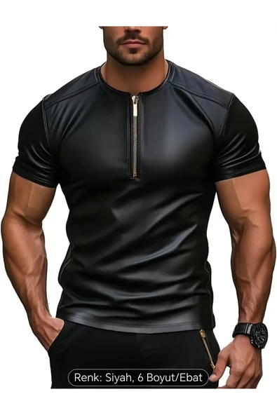 Suni Deri Bisiklet Fermuar Yakalı Tişört