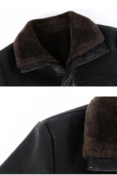 Hakiki deri İçi kürk yakası entegreli kürk mont kaban - Resim 5