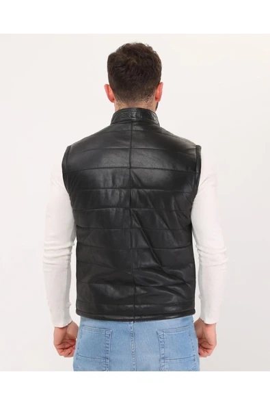 Hakiki Deri Şişme Yelek Hakim Yaka Siyah Renk - 2