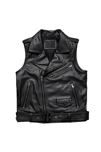 Kuzu derisi motorcu tarzı biker yelek siyah renk - Resim 4