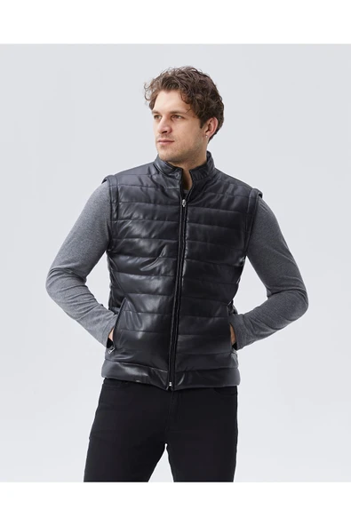 Pu deri siyah mat yelek - 5