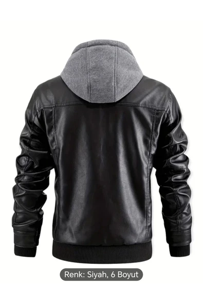 Kapüşonlu hakiki deri dikiş ve ribana detaylı mont - 3