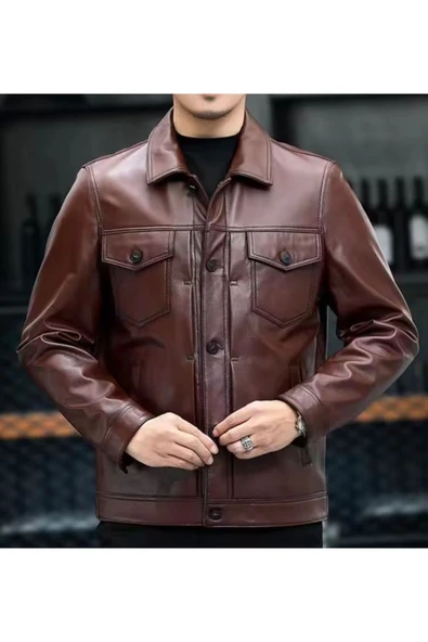 Mevsimlik Ceket Spor Hakiki Deri düğme,gömlek yaka ve dikiş detaylı - 4