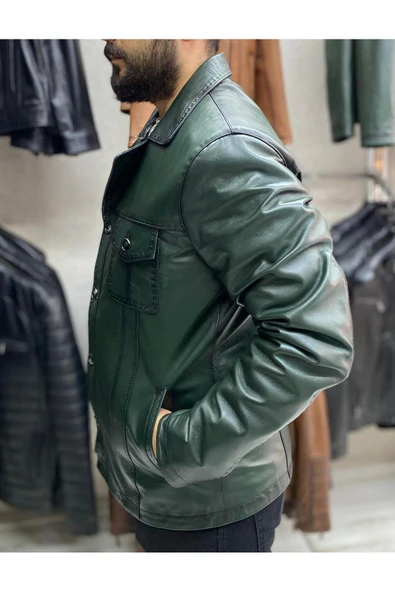 Yeşil Karartmalı Hakiki Deri Ceket Dar Kesim - 3
