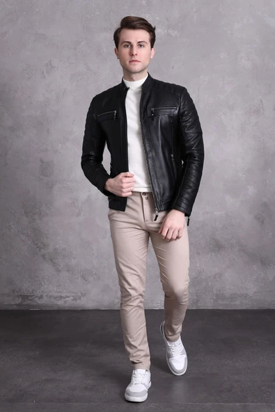 Motorcu Tarzı Mont Spor Kesim Siyah Renk - Resim 2