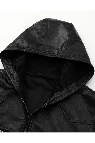 Kapüşonlu Triko yaka ve Triko Bel Hakiki kuzu derisi yelek - 4