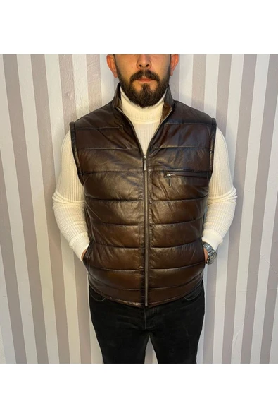 Şişme Hakiki Deri Yelek Karartmalı Kahve Gündelik,Mevsimlik Slim Fit Kesim - 3