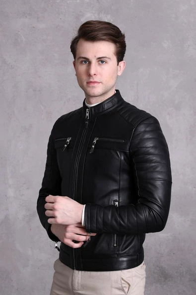 Motorcu Tarzı Mont Spor Kesim Siyah Renk - Resim 7