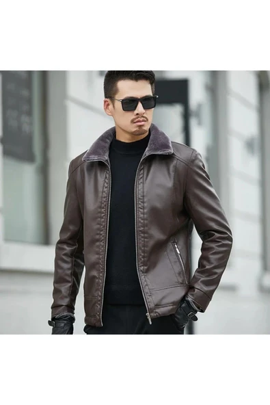 Hakiki Koyun Derisi Içi Yakası Kürk Erkek Mont kahverengi - Resim 2