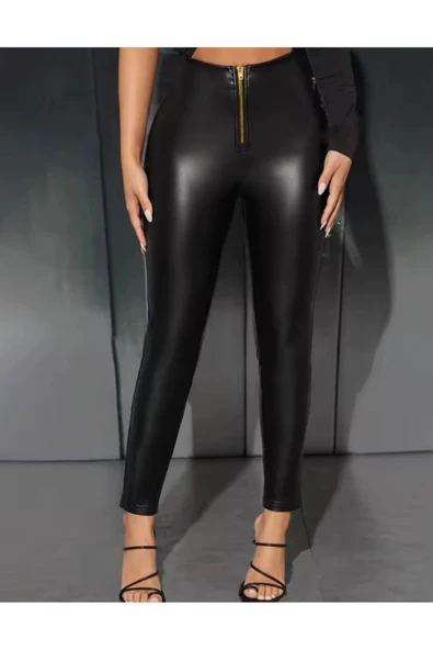Golden Fermuarlı Deri tayt Kadın dar paça - 4