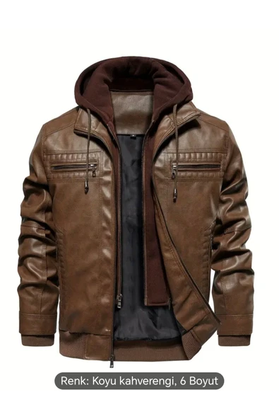 Kapüşonlu hakiki deri dikiş ve ribana detaylı mont - 4