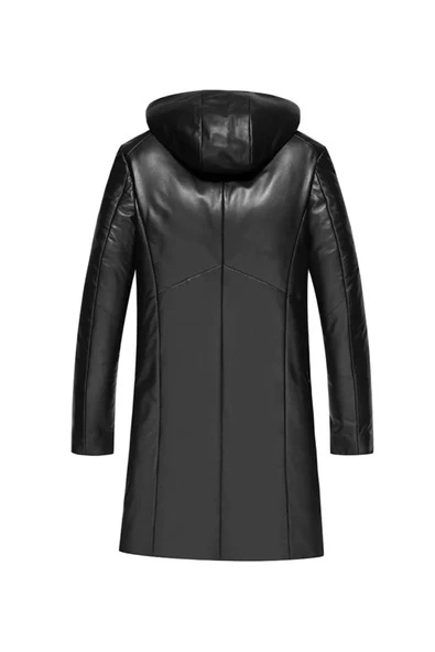 Hakiki Deri Orta Uzunlukta Kapüşonlu Mont Kaban - Resim 4
